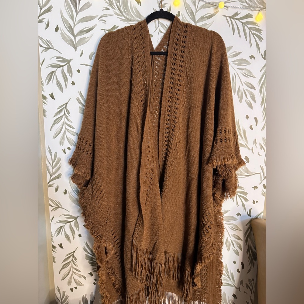 Elegant Brown Fringed Poncho